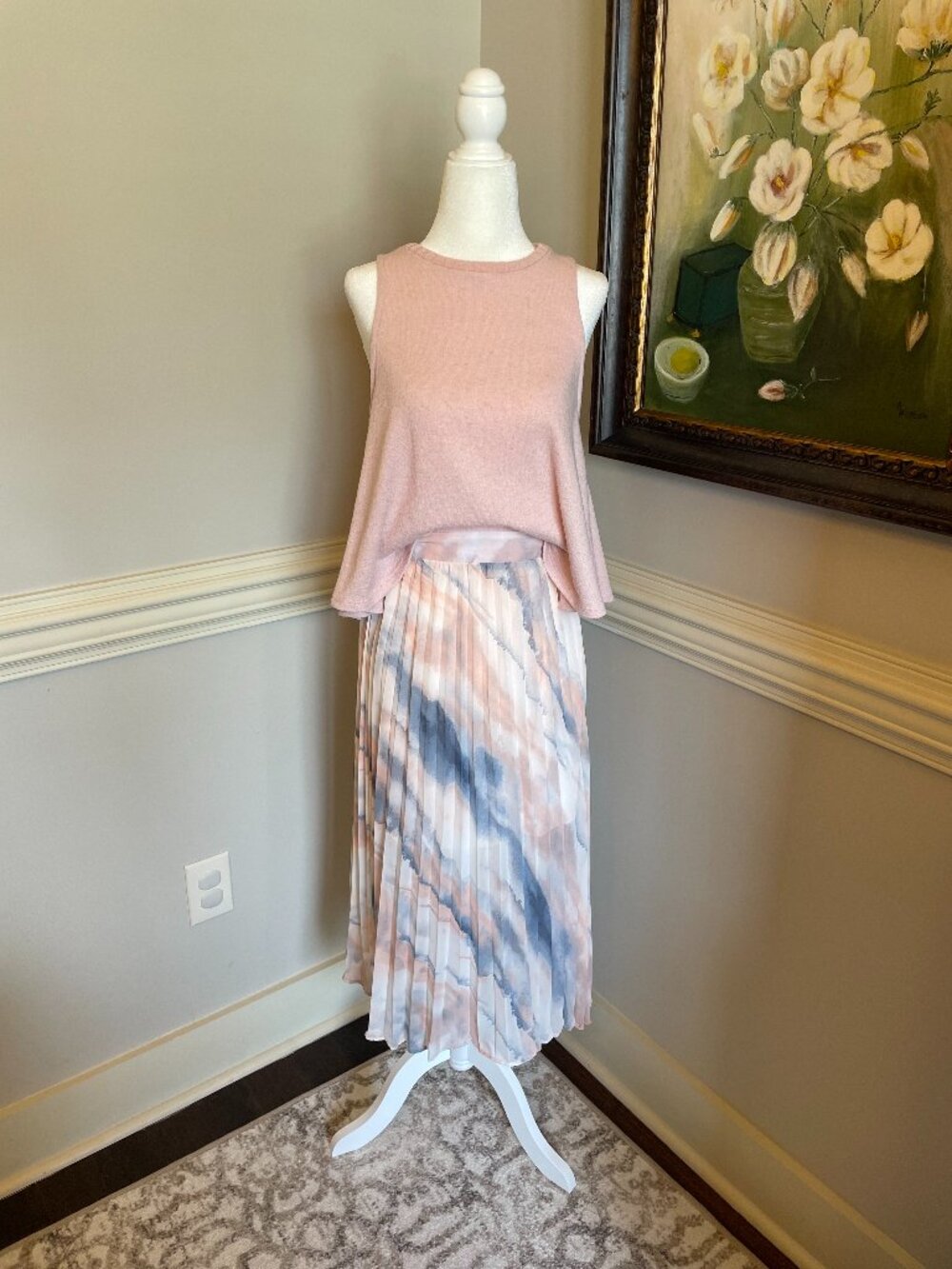 TCEC Pink and Blue Pleated Midi Skirt Size S